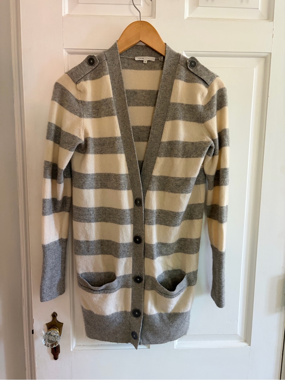 Vince 100% Cashmere Size Small Cream & Gray Striped Button Cardigan